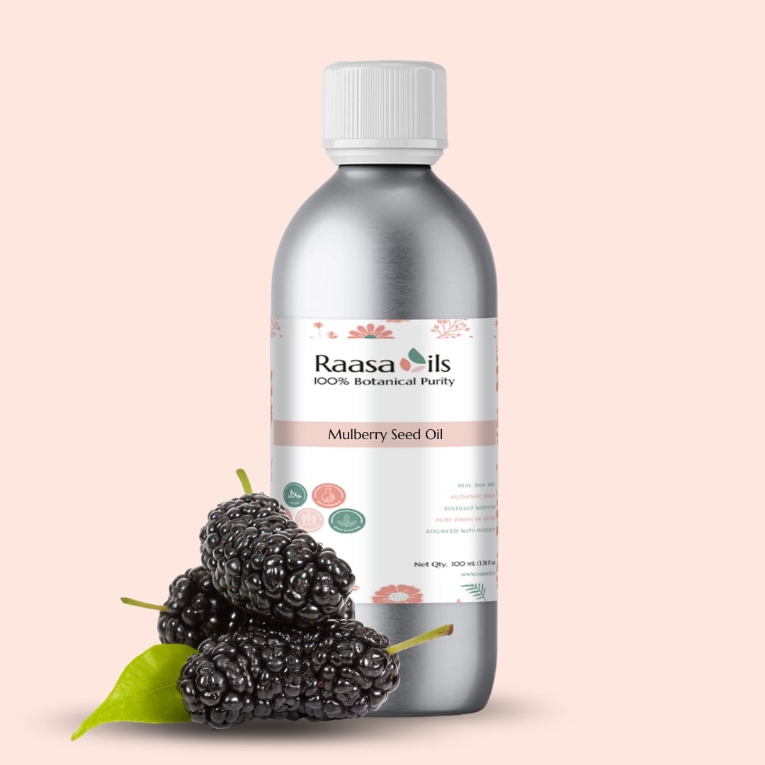 Bottle of Raasa Oils Mulberry Seed Oil with mulberries on a beige background