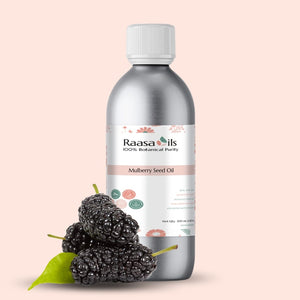 Bottle of Raasa Oils Mulberry Seed Oil with mulberries on a beige background