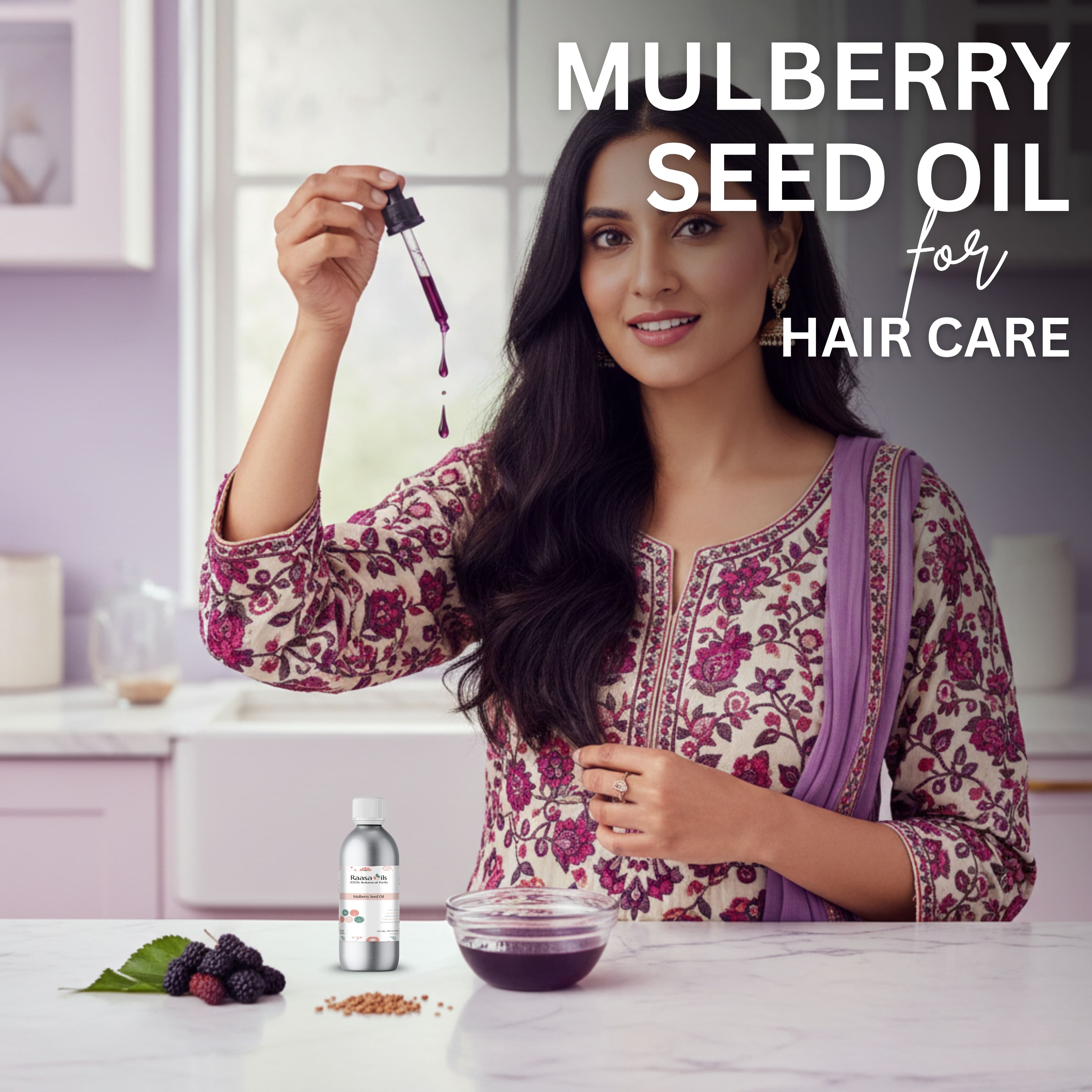 Woman with long dark hair holding a dropper of mulberry seed oil in a kitchen setting.