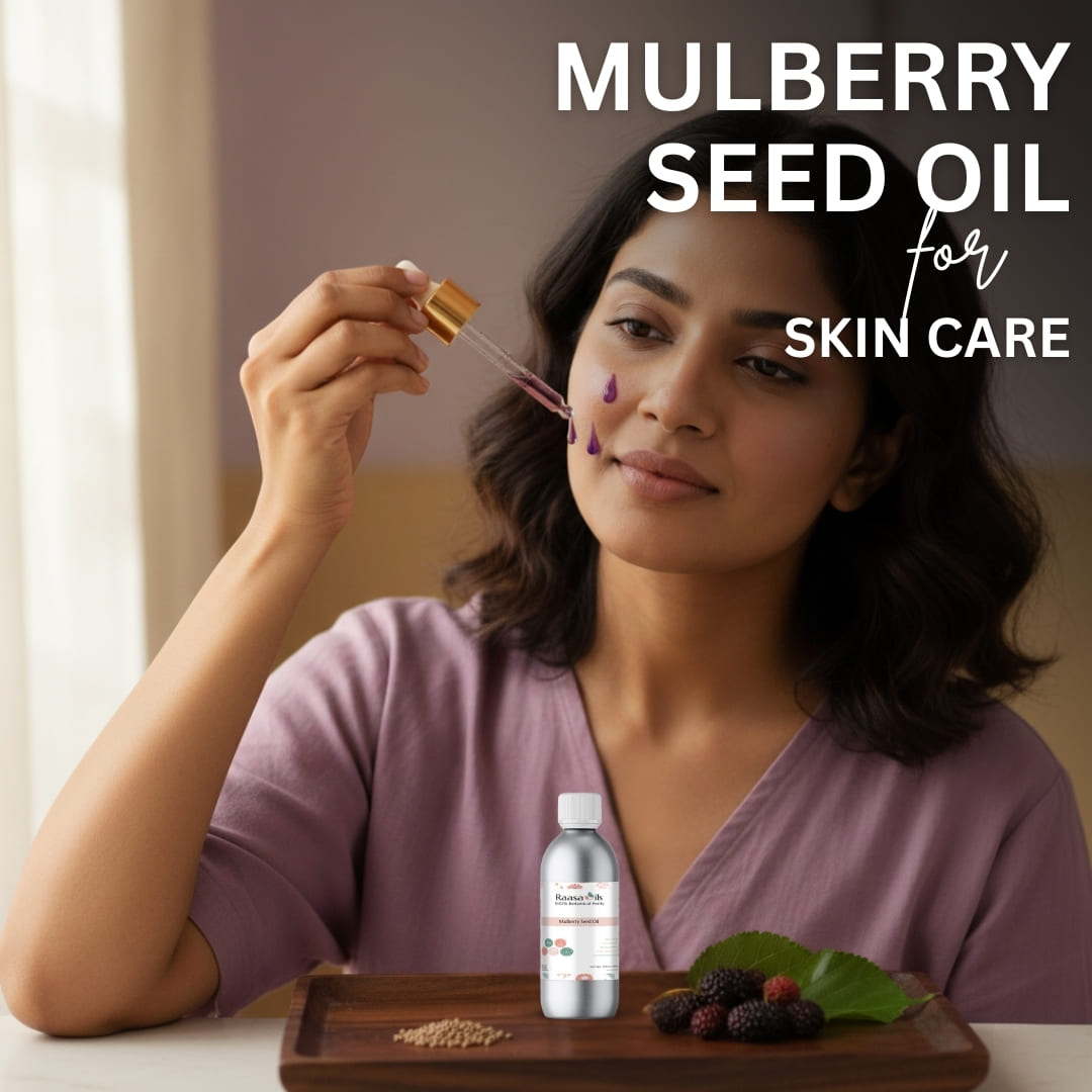 Woman applying mulberry seed oil to her face with a dropper, surrounded by mulberries and a bottle of the oil.