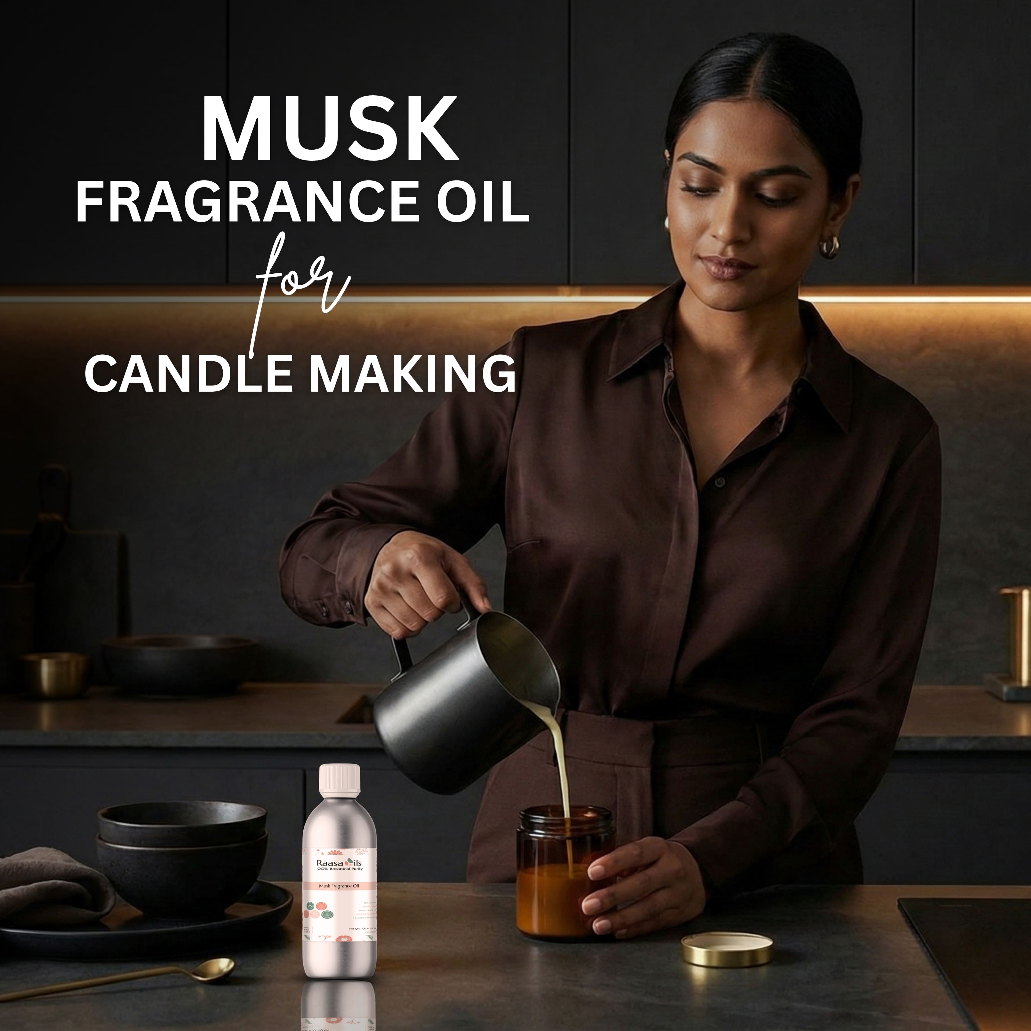 Woman pouring liquid into a jar with text about musk fragrance oil for candle making.