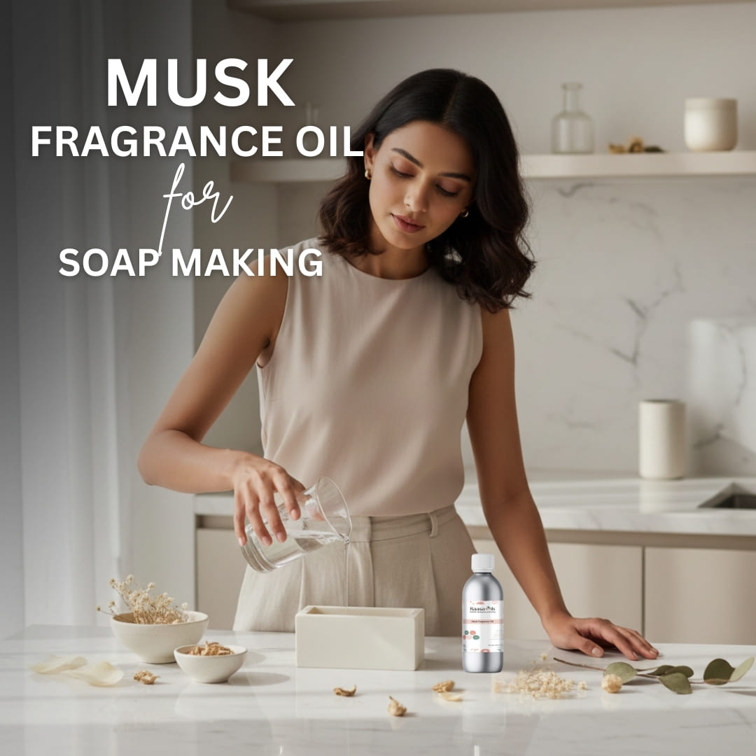 Woman preparing ingredients for soap making with text about musk fragrance oil.