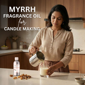 Woman pouring liquid into a glass with 'Myrrh Fragrance Oil for Candle Making' text overlay.