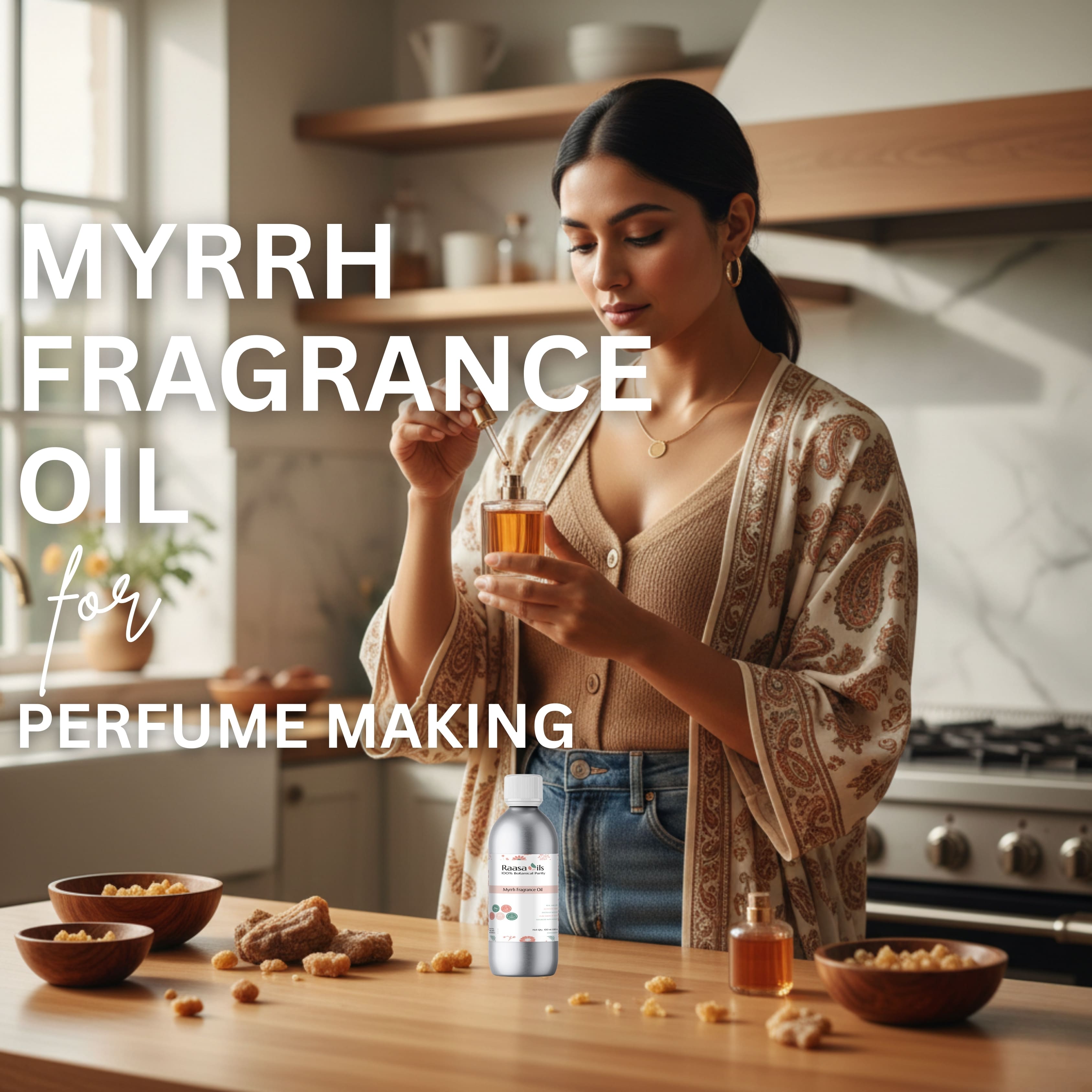 Woman in a kitchen holding a bottle of myrrh fragrance oil with text overlay.