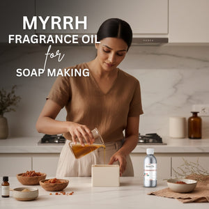 Woman pouring a liquid into a container with text about myrrh fragrance oil for soap making.