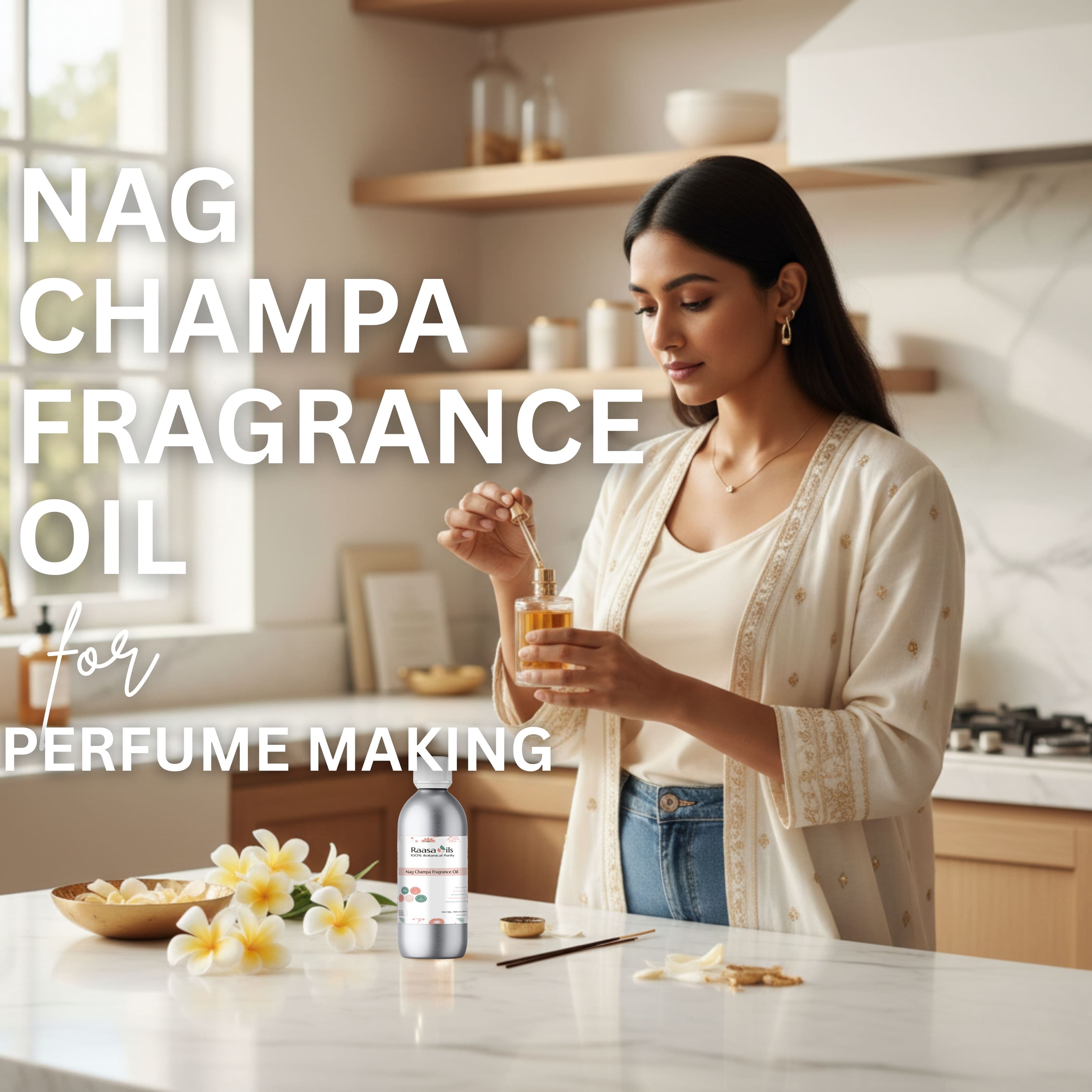 Woman using Nag Champa fragrance oil in a kitchen setting with text overlay.