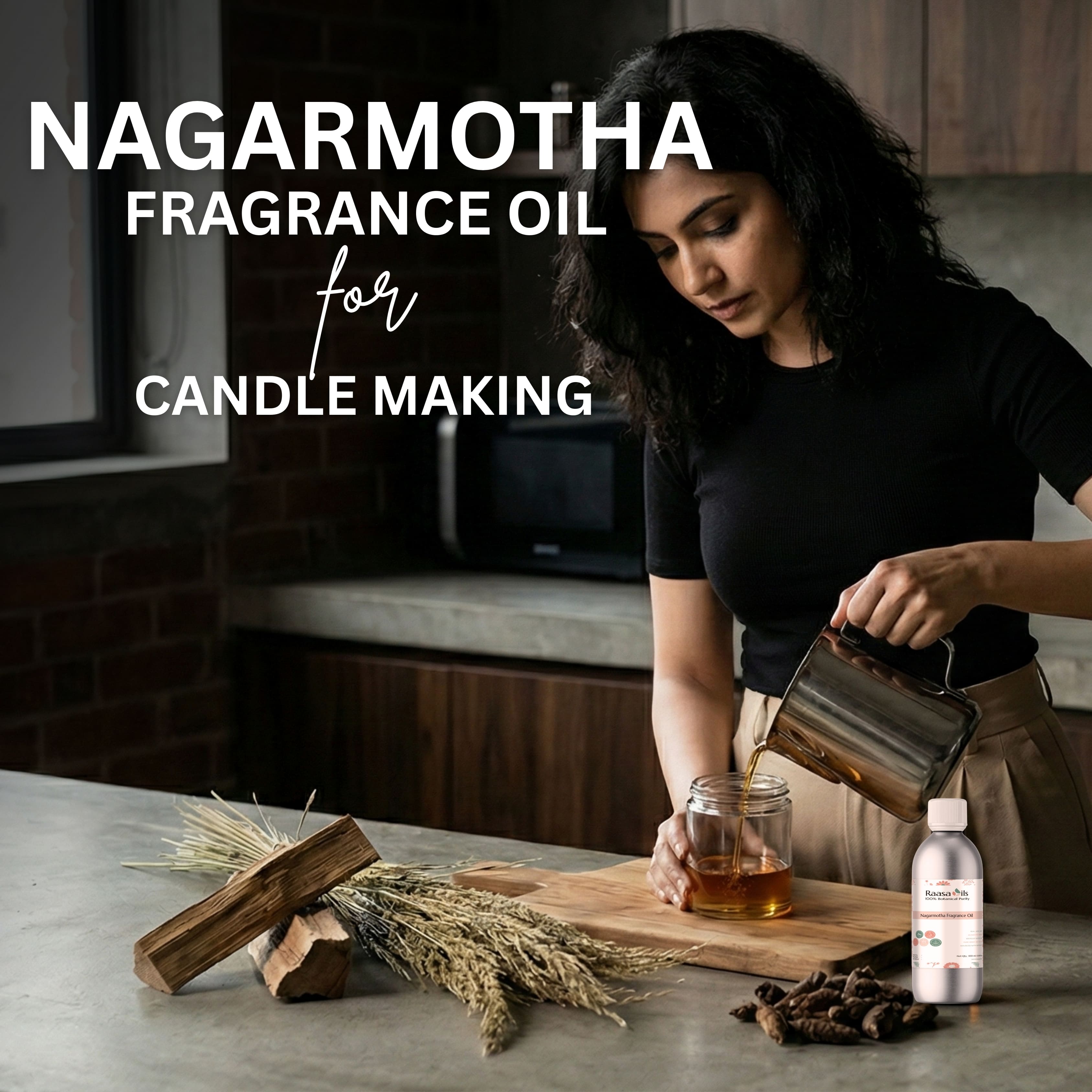 Woman pouring liquid into a jar with Nagarmotha fragrance oil for candle making.