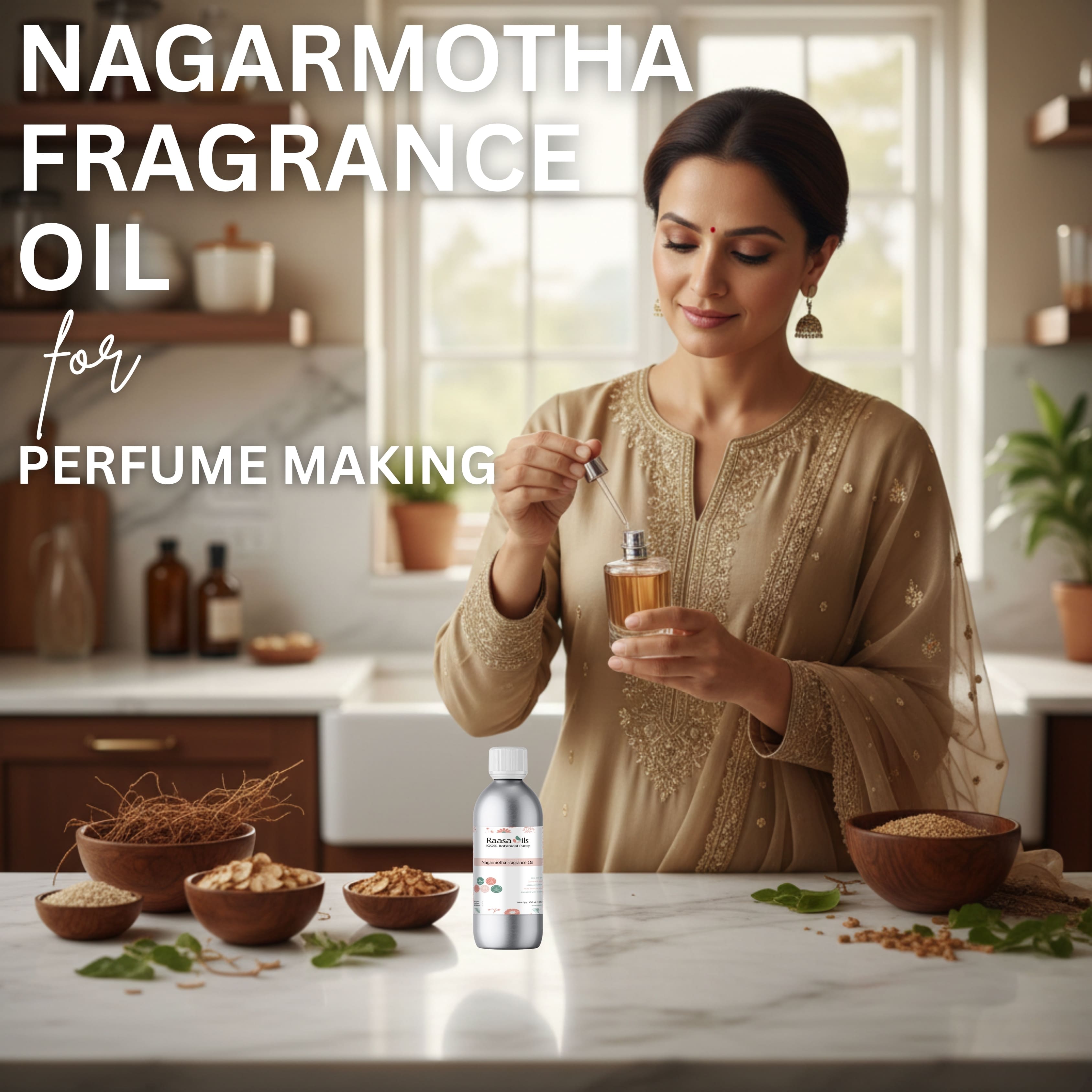 Woman holding a bottle of Nagarmotha fragrance oil in a kitchen setting with ingredients on the counter.