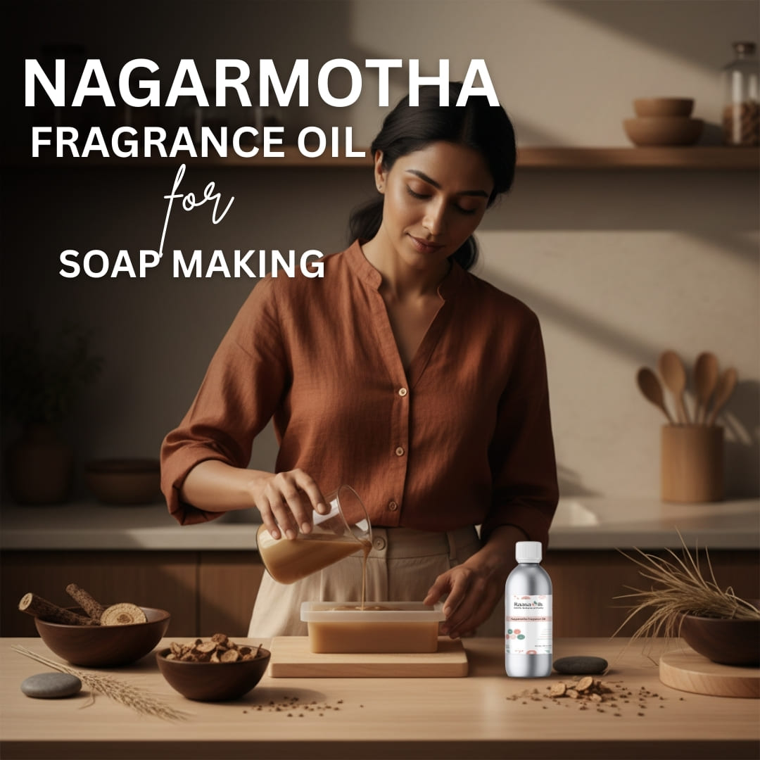 Woman pouring a liquid into a container with Nagarmotha fragrance oil bottle on a table.