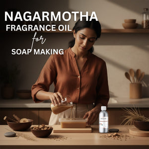 Woman pouring a liquid into a container with Nagarmotha fragrance oil bottle on a table.