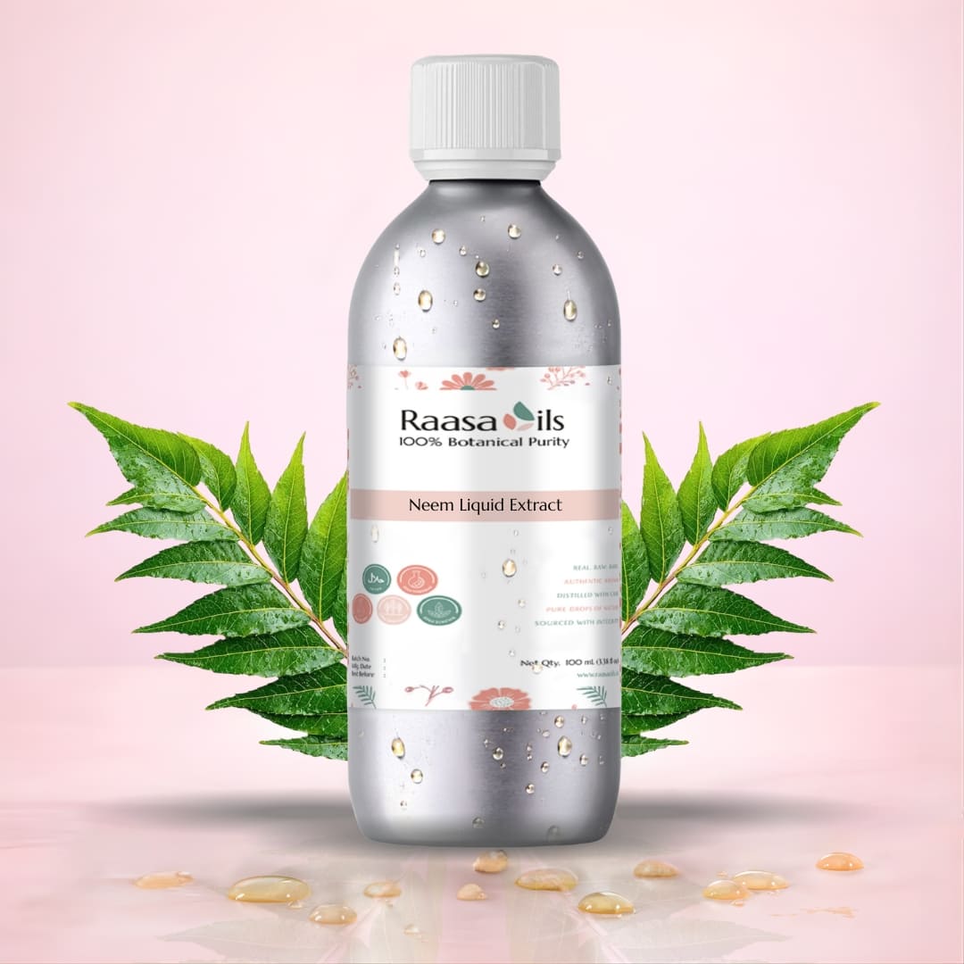 Bottle of Raasa Oils Neem Liquid Extract with neem leaves on a pink background