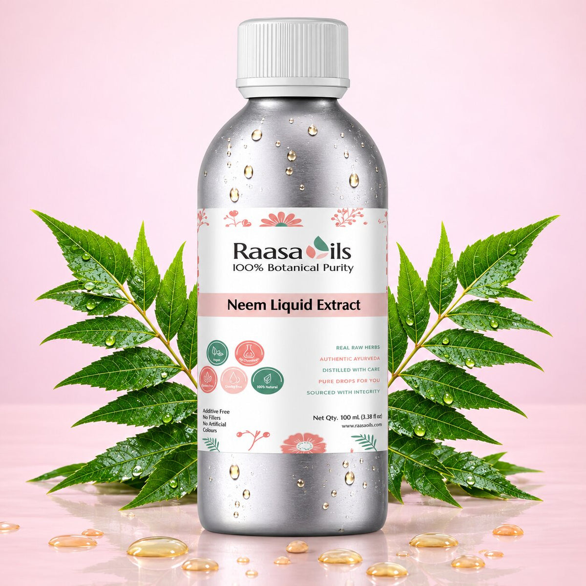 A bottle of Raasails Neem Liquid Extract centered on a pink background, flanked by green neem leaves and scattered golden oil droplets. The bottle is metallic silver with a white cap and a white label featuring pink floral accents and product text.
