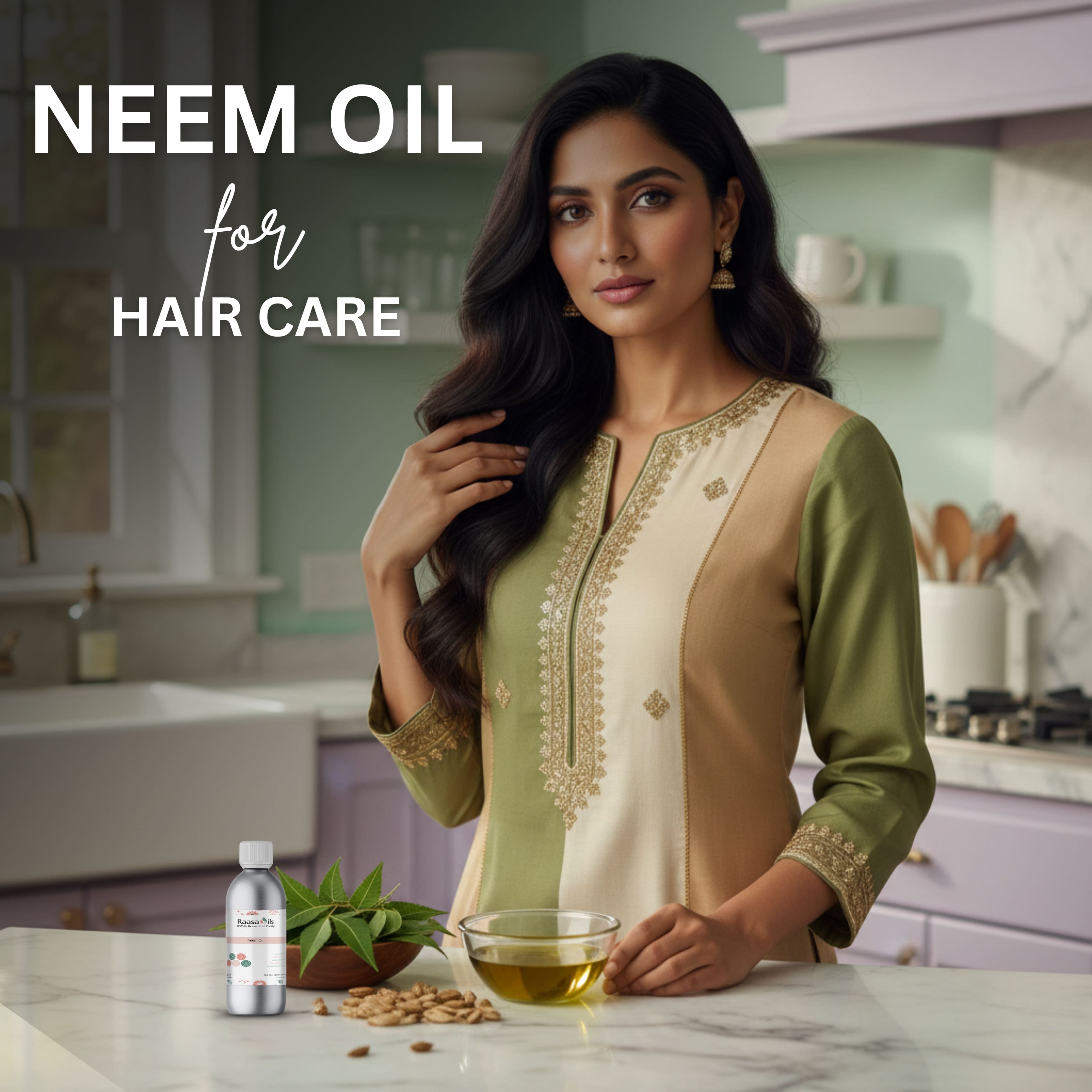 Woman with long hair in a kitchen setting with neem oil and ingredients.