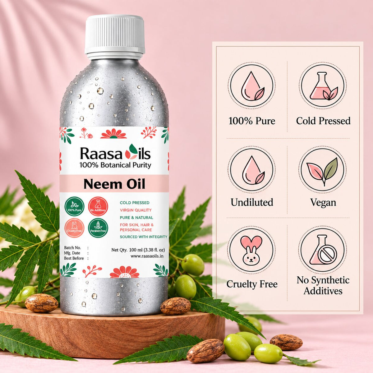 A bottle of Raasaolis Neem Oil displayed on a wooden block with neem leaves and almonds, next to an informational graphic highlighting product benefits like '100% Pure', 'Cold Pressed', and 'Undiluted'.