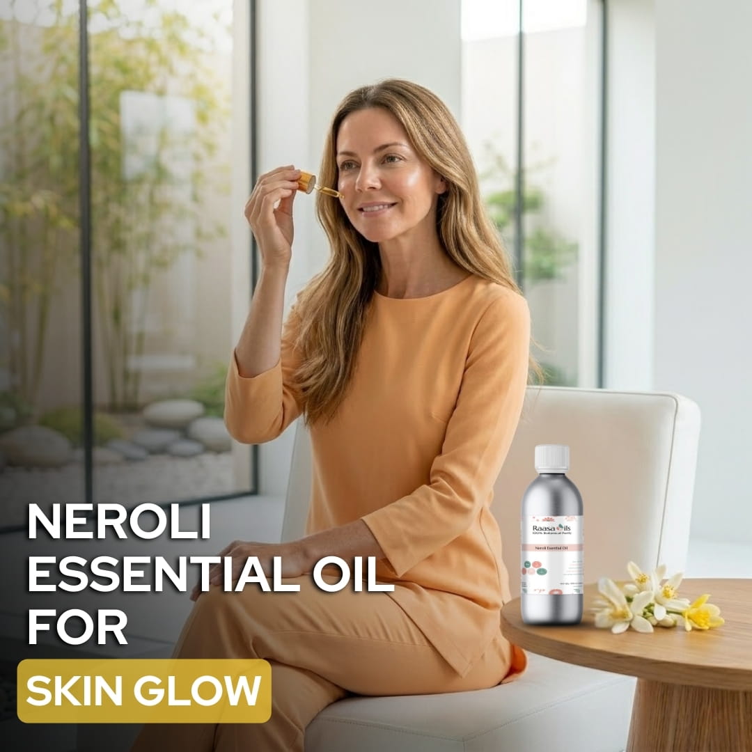 Woman using a dropper with neroli essential oil in a modern room.
