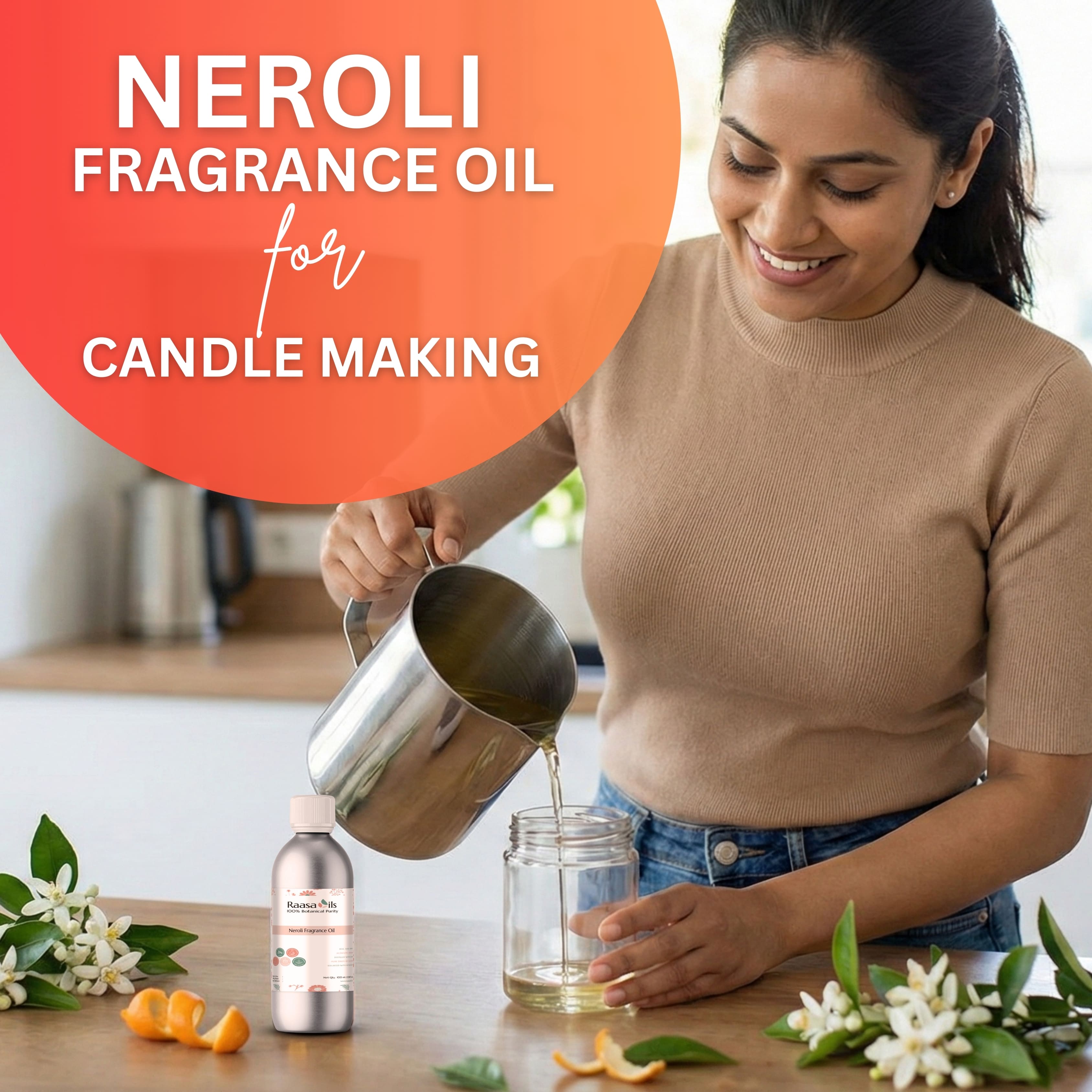 Woman pouring liquid into a jar with text about neroli fragrance oil for candle making.