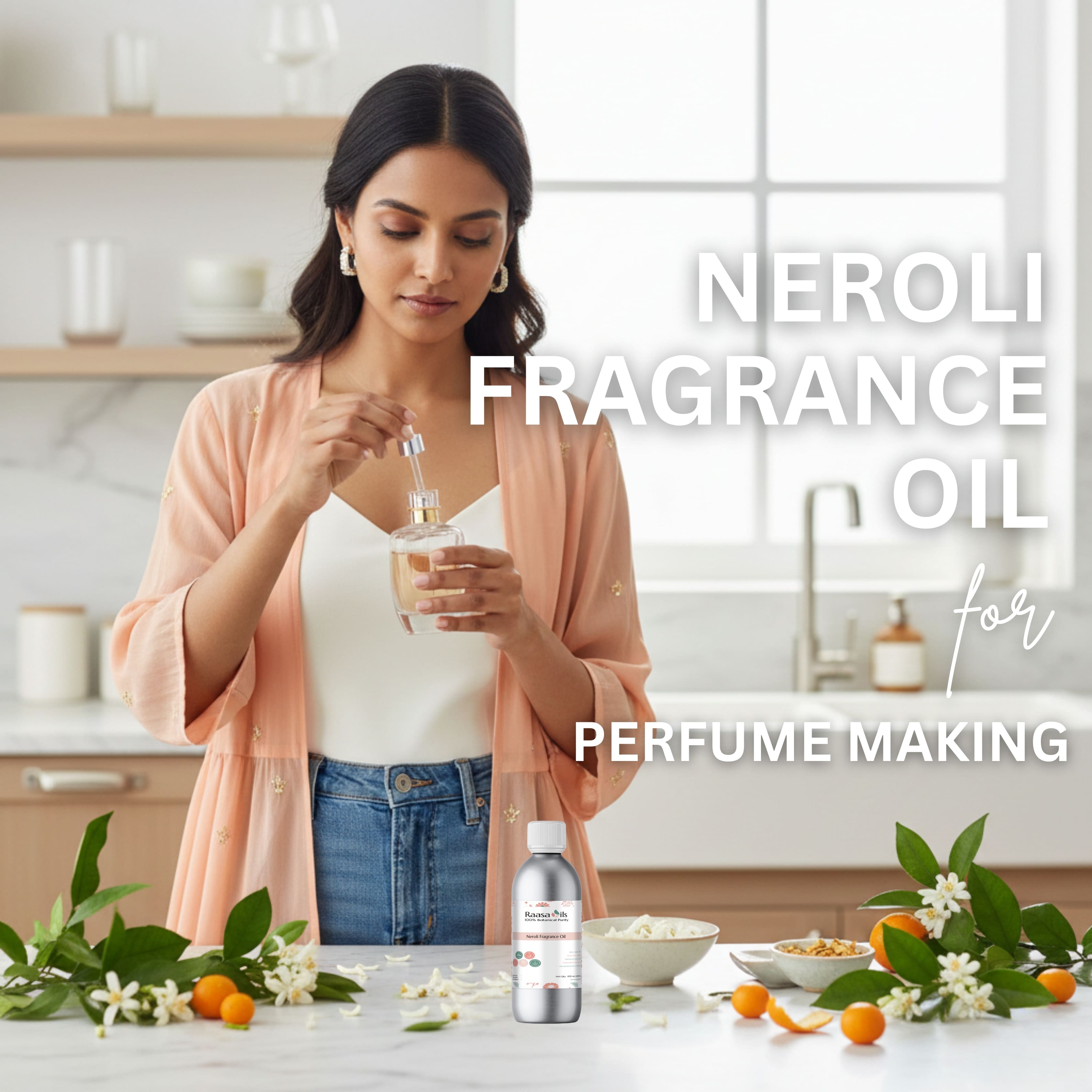 Woman holding a bottle of neroli fragrance oil in a kitchen setting with text overlay.
