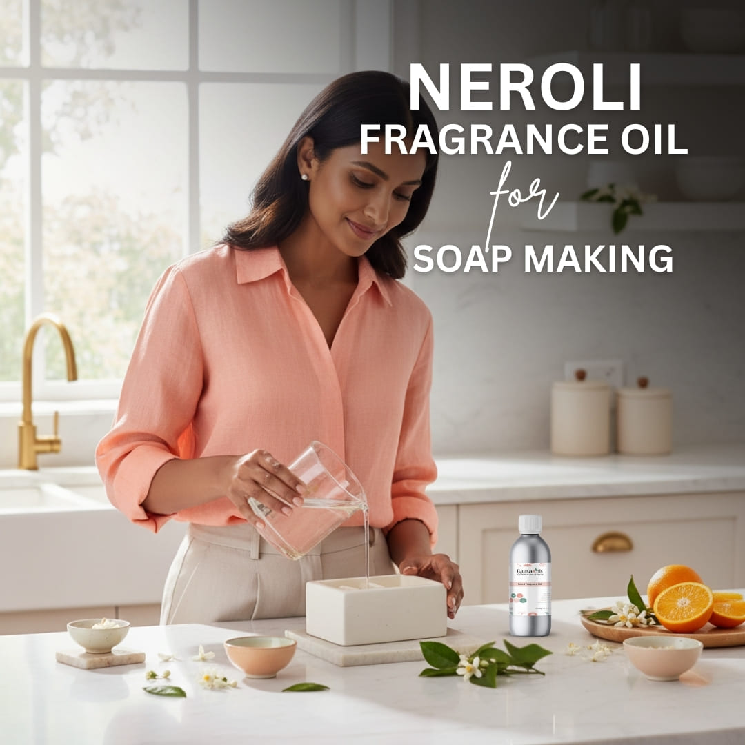 Woman making soap with neroli fragrance oil in a kitchen setting