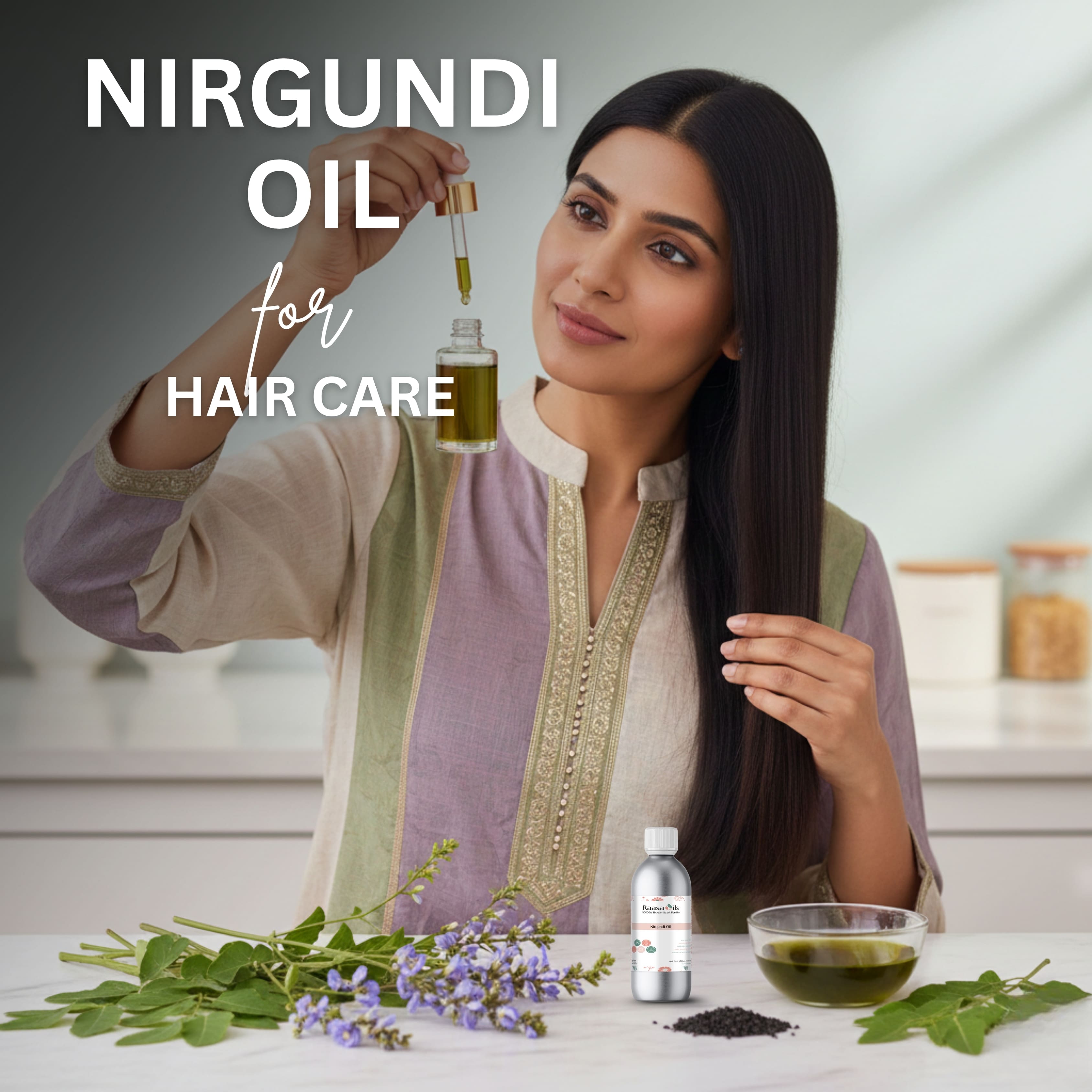 Woman with long hair holding a bottle of Nirgundi oil for hair care, with plants and a bowl on the table.