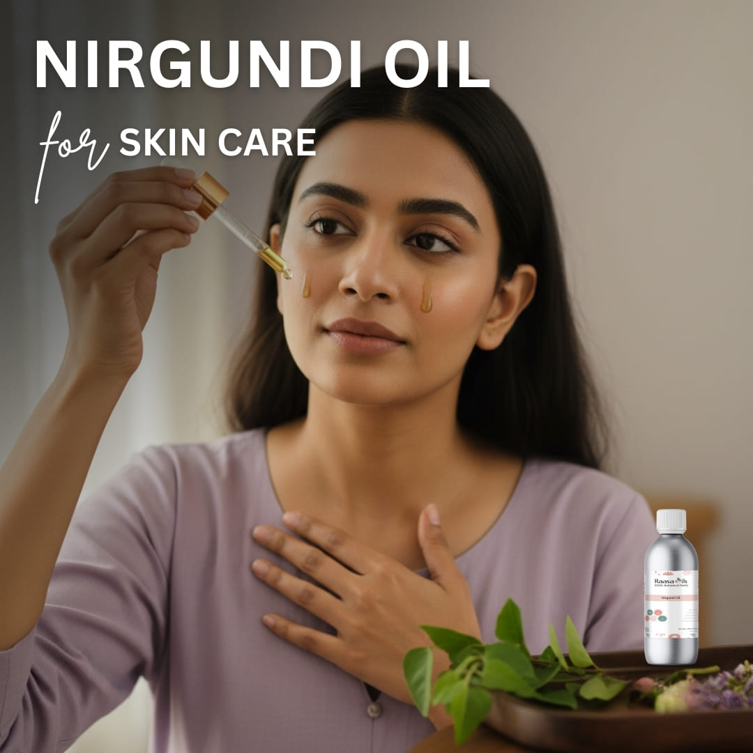 Woman applying Nirgundi oil to her face with a dropper, next to a bottle of the oil.