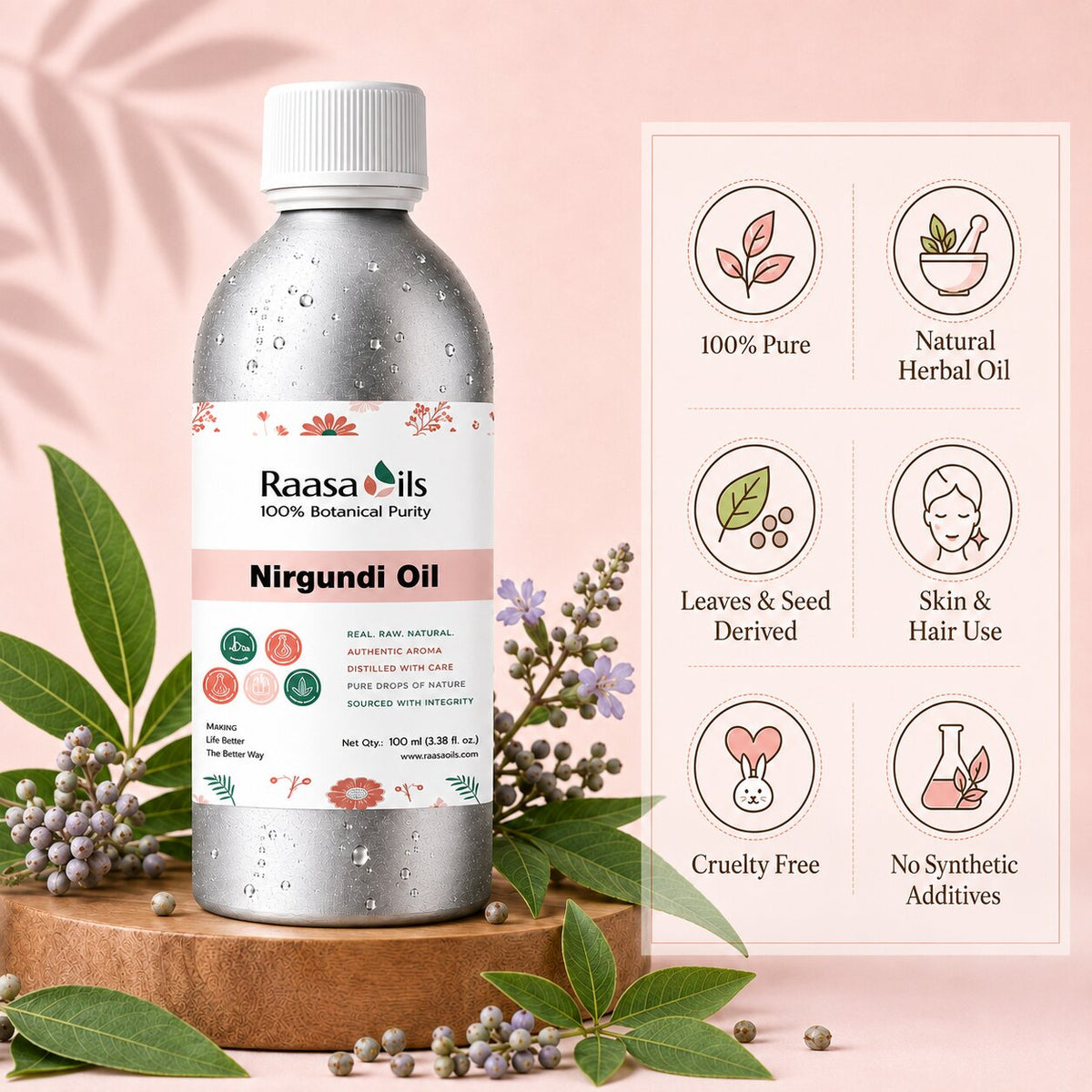 A bottle of Raasa oils Nirgundi Oil displayed on a wooden pedestal with botanical elements, next to an informational graphic detailing product benefits.