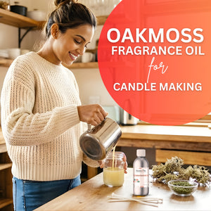 Woman pouring liquid into a jar with Oakmoss fragrance oil for candle making.