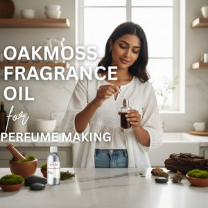 Woman holding a bottle of Oakmoss fragrance oil in a kitchen setting with text overlay.