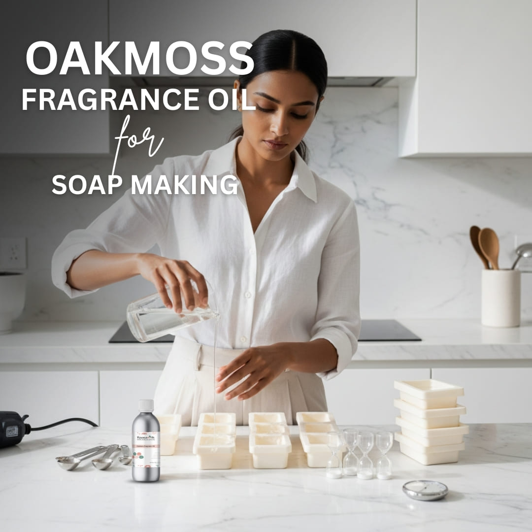 Woman in a kitchen preparing soap with text about Oakmoss fragrance oil for soap making.