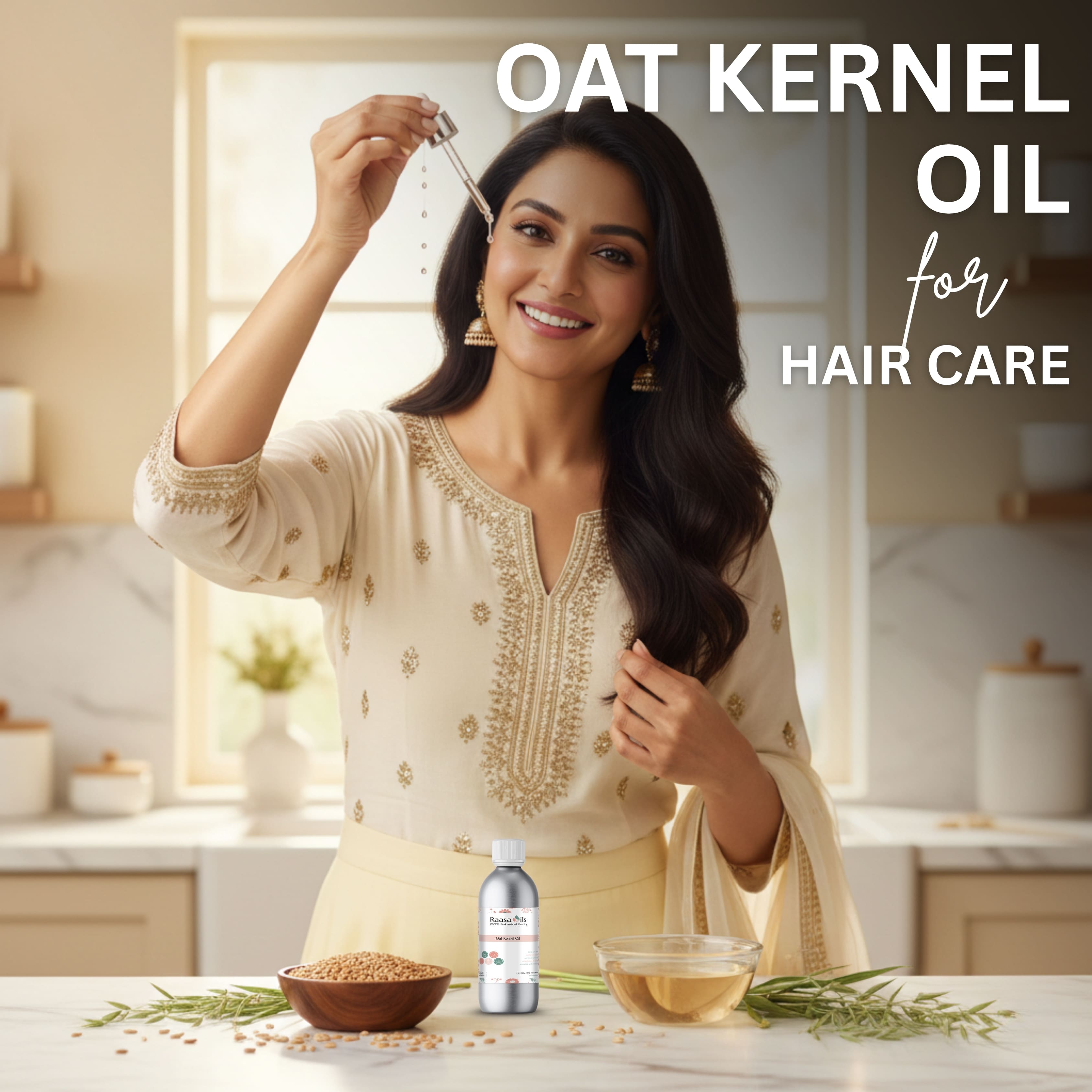 Woman with long dark hair holding a bottle of oat kernel oil for hair care in a kitchen setting.