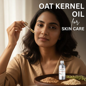 Woman applying oat kernel oil to her face with a dropper, surrounded by oats and a bottle of the product.