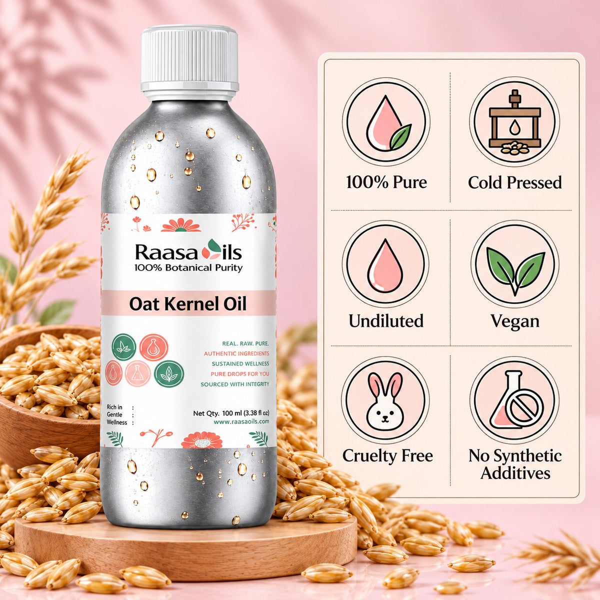 A bottle of Raasa oils Oat Kernel Oil displayed on a wooden pedestal surrounded by oats, with a pink background and a feature badge showing '100% Pure', 'Cold Pressed', 'Undiluted', 'Vegan', 'Cruelty Free', and 'No Synthetic Additives'.