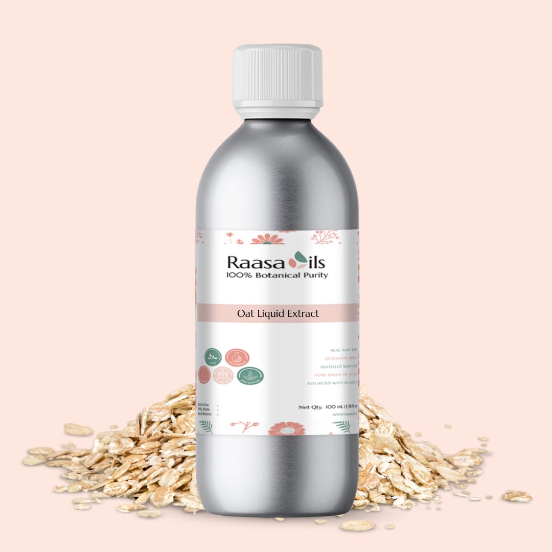 Bottle of Raasa Oils oat liquid extract with oats on a beige background