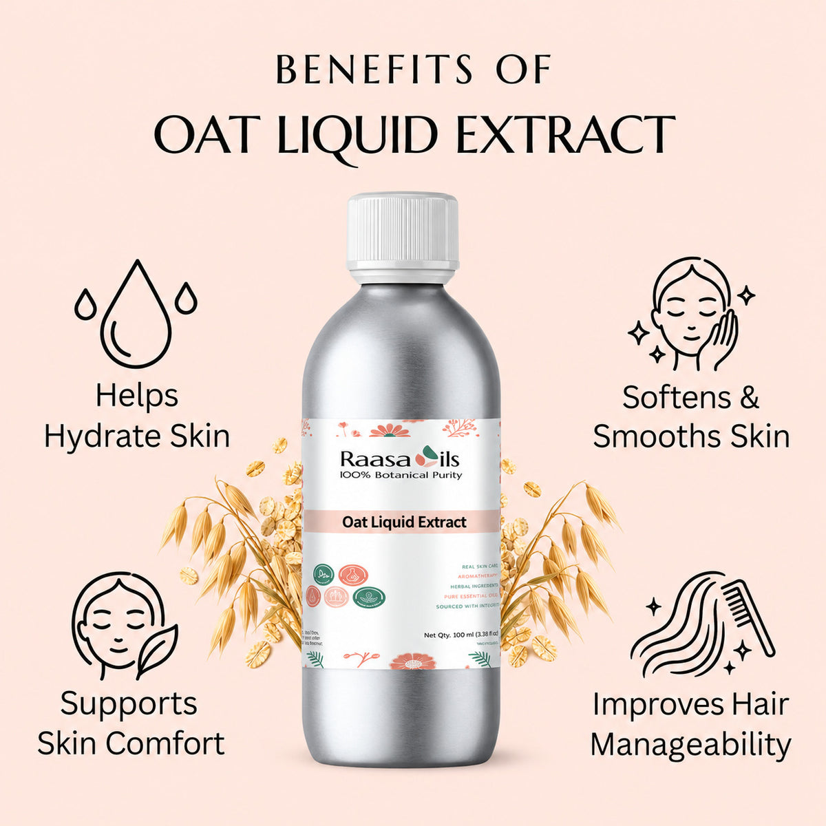 A silver bottle of Raasa Oils 100% Natural Pure Oat Liquid Extract centered on a pale peach background, surrounded by text callouts about skin and hair benefits and illustrated oat graphics.