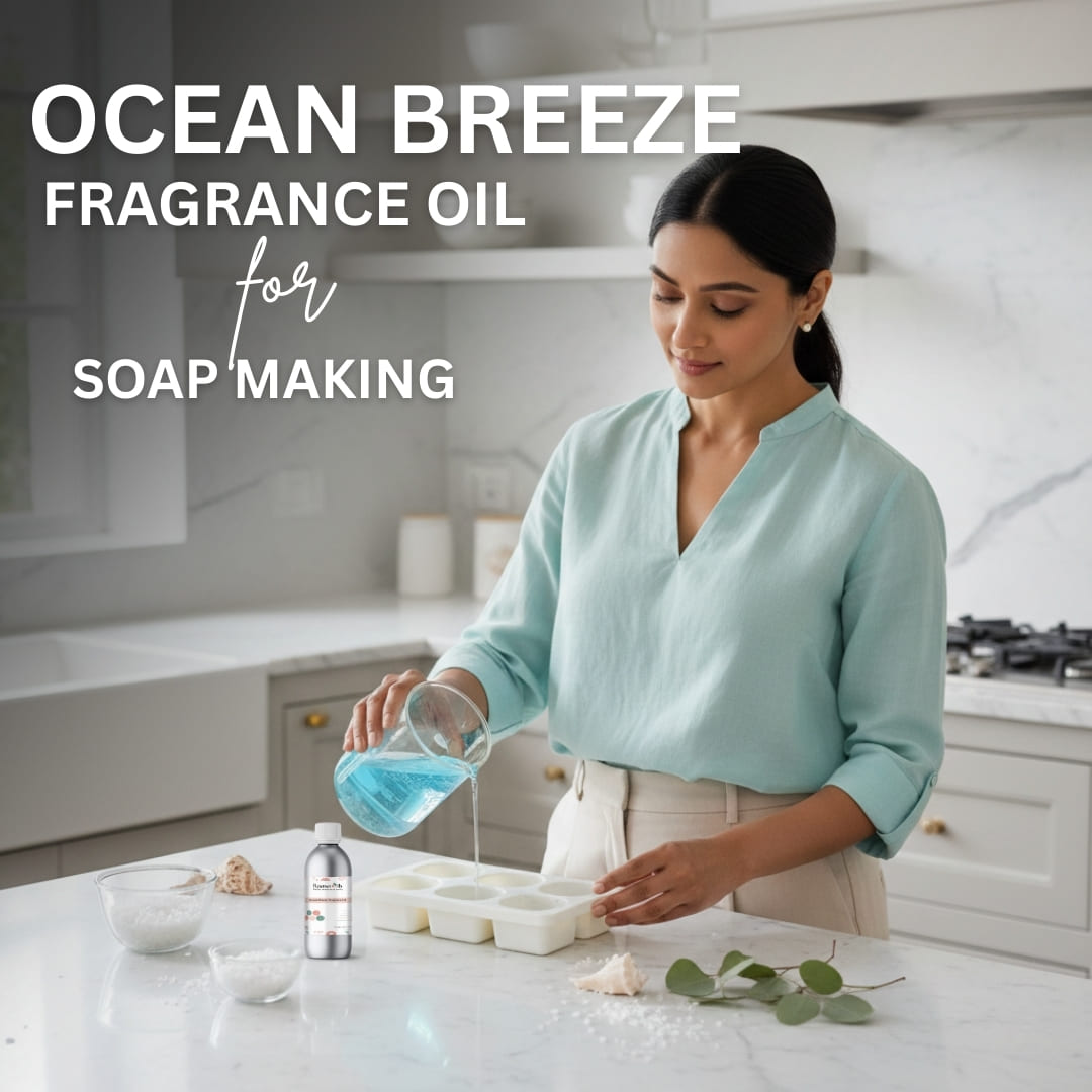 Woman pouring blue liquid into soap molds with 'Ocean Breeze' fragrance oil text overlay.
