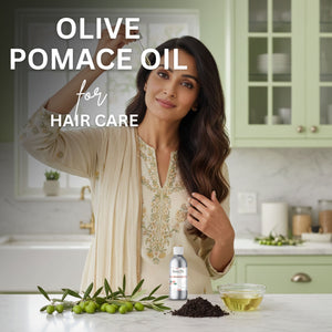 Woman with long hair in a kitchen setting with olive pomace oil products.