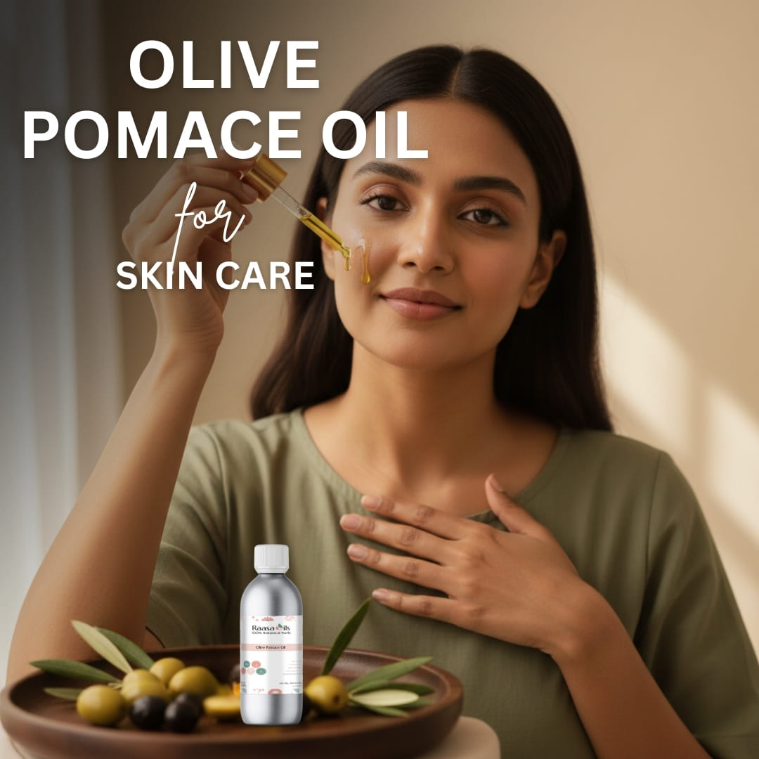Woman applying olive pomace oil to her face with a dropper, surrounded by olives and a bottle of olive pomace oil.