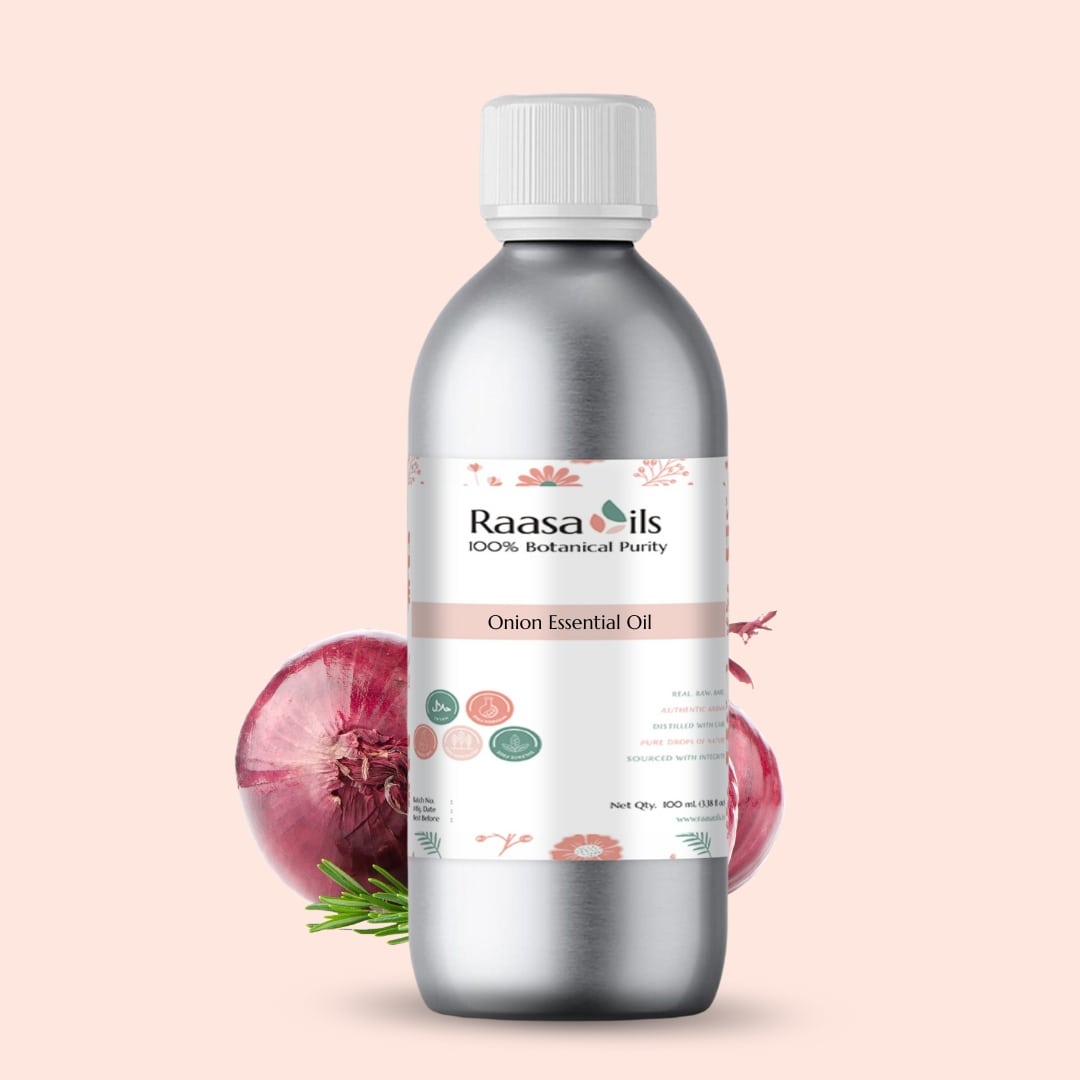 Bottle of Raasa Oils Onion Essential Oil with an onion and rosemary on a light pink background