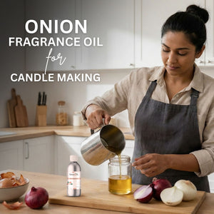 Woman pouring oil into a jar with text about onion fragrance oil for candle making.