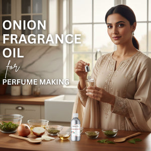 Woman holding a bottle of onion fragrance oil with ingredients on a kitchen counter.