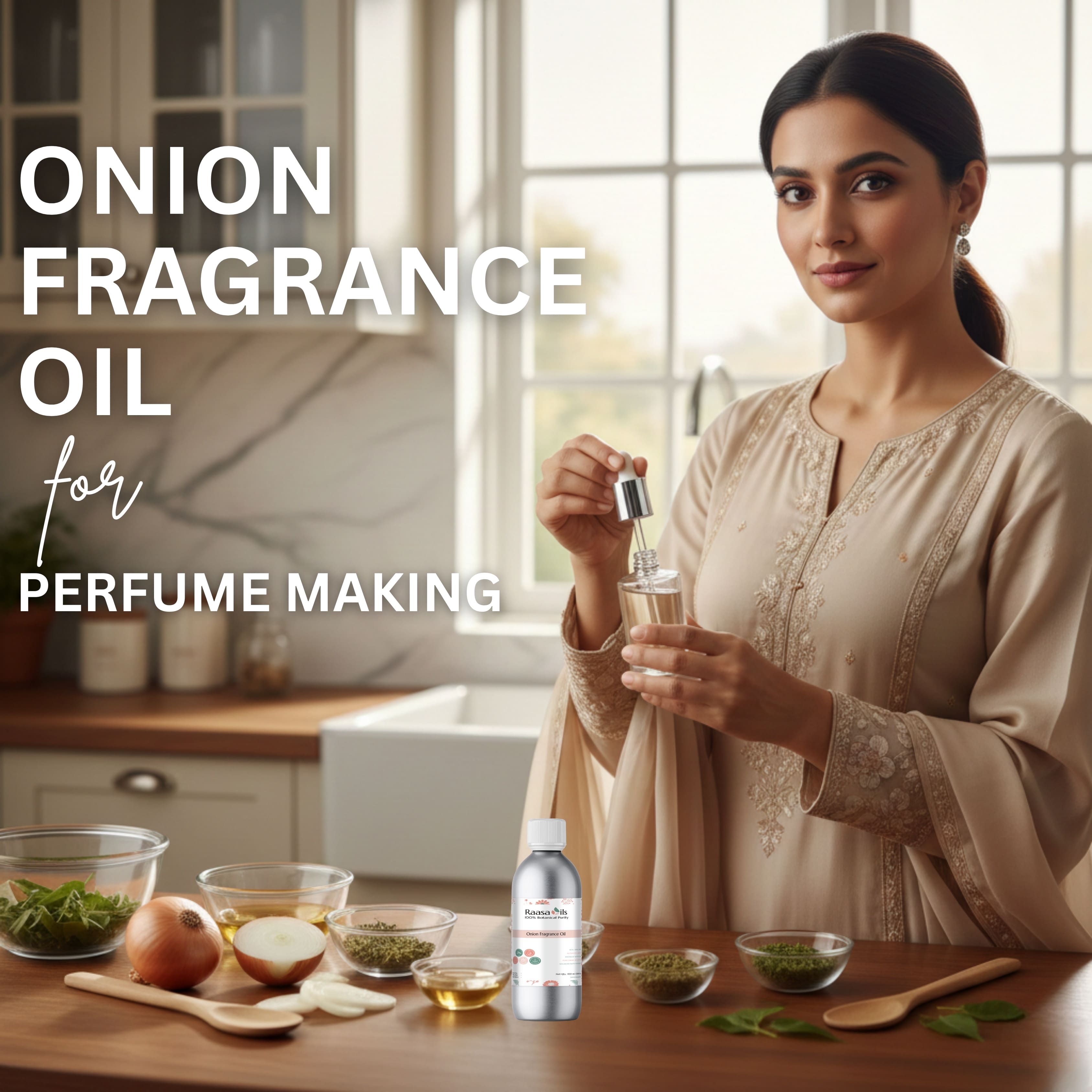 Woman holding a bottle of onion fragrance oil with ingredients on a kitchen counter.