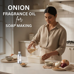 Woman pouring a liquid into a container with text about onion fragrance oil for soap making.