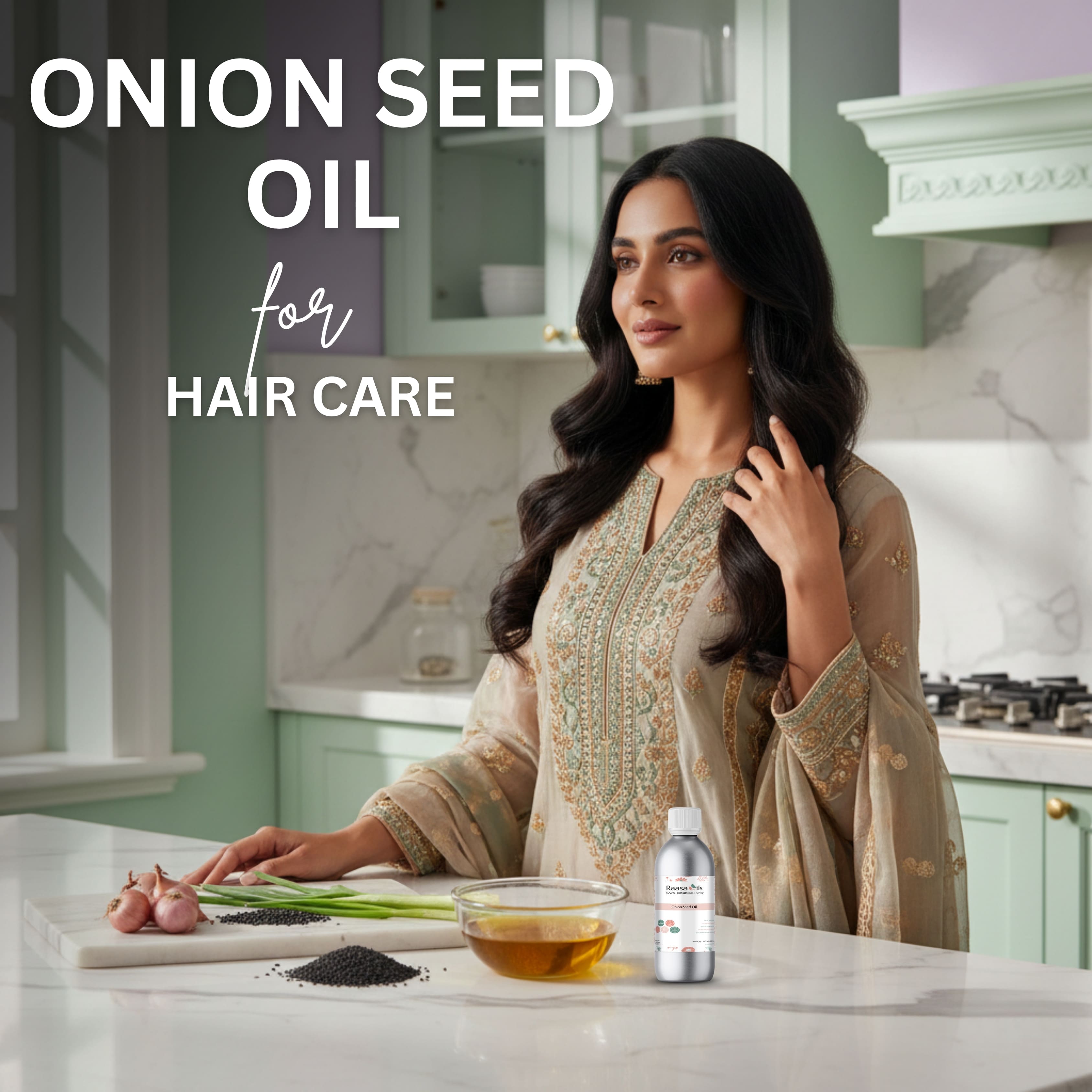 Woman in a kitchen with onion seed oil for hair care, text overlay.