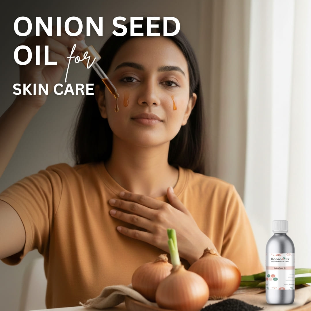 Woman applying onion seed oil to her face with a dropper, surrounded by onions and a bottle of oil.