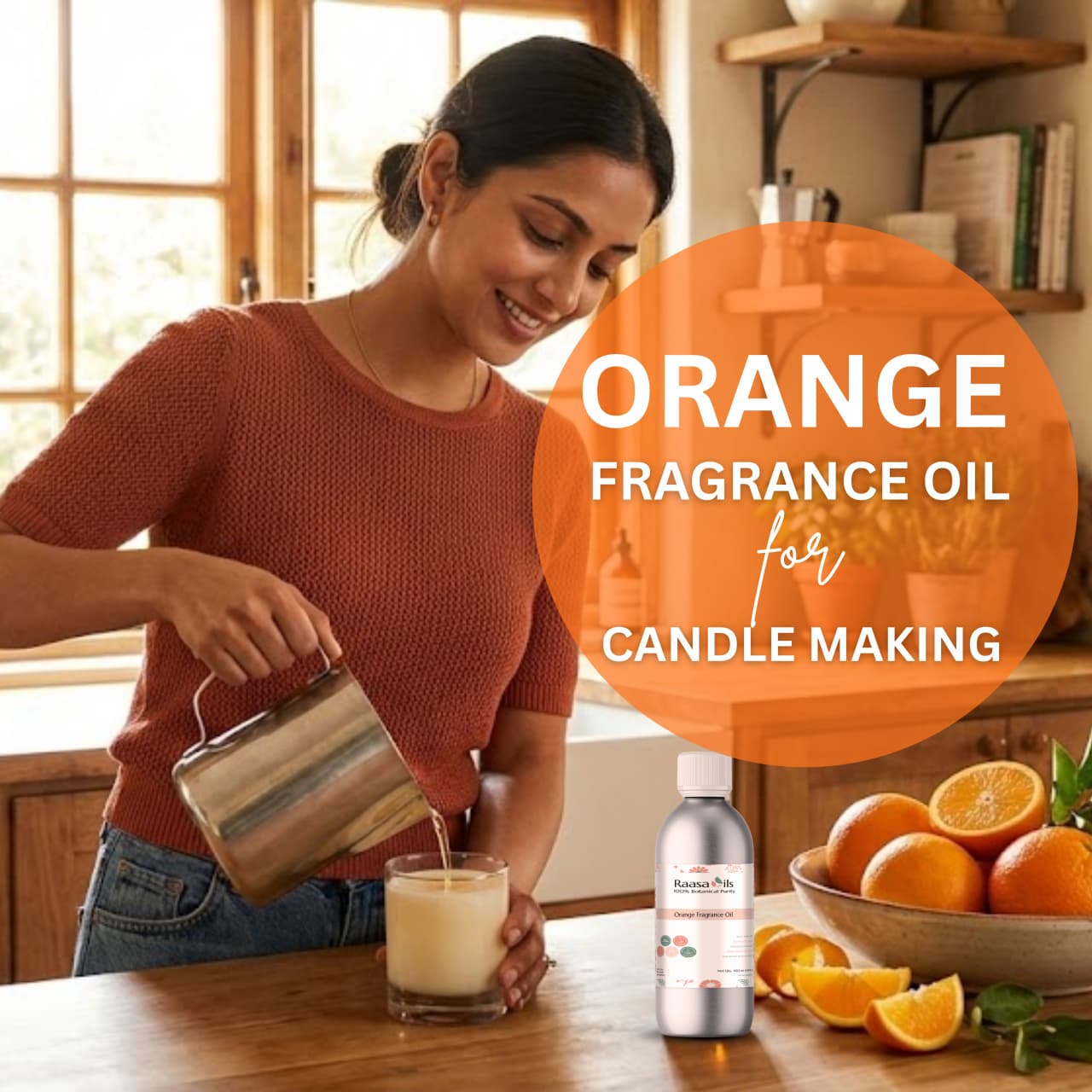 Woman pouring a drink in a kitchen with oranges and fragrance oil bottle, promoting orange fragrance oil for candle making.