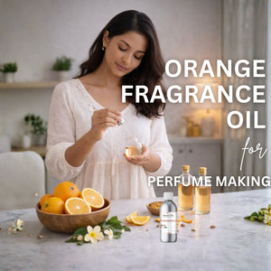 Woman with orange fragrance oil and ingredients on a table, with text 'Orange Fragrance Oil for Perfume Making'.