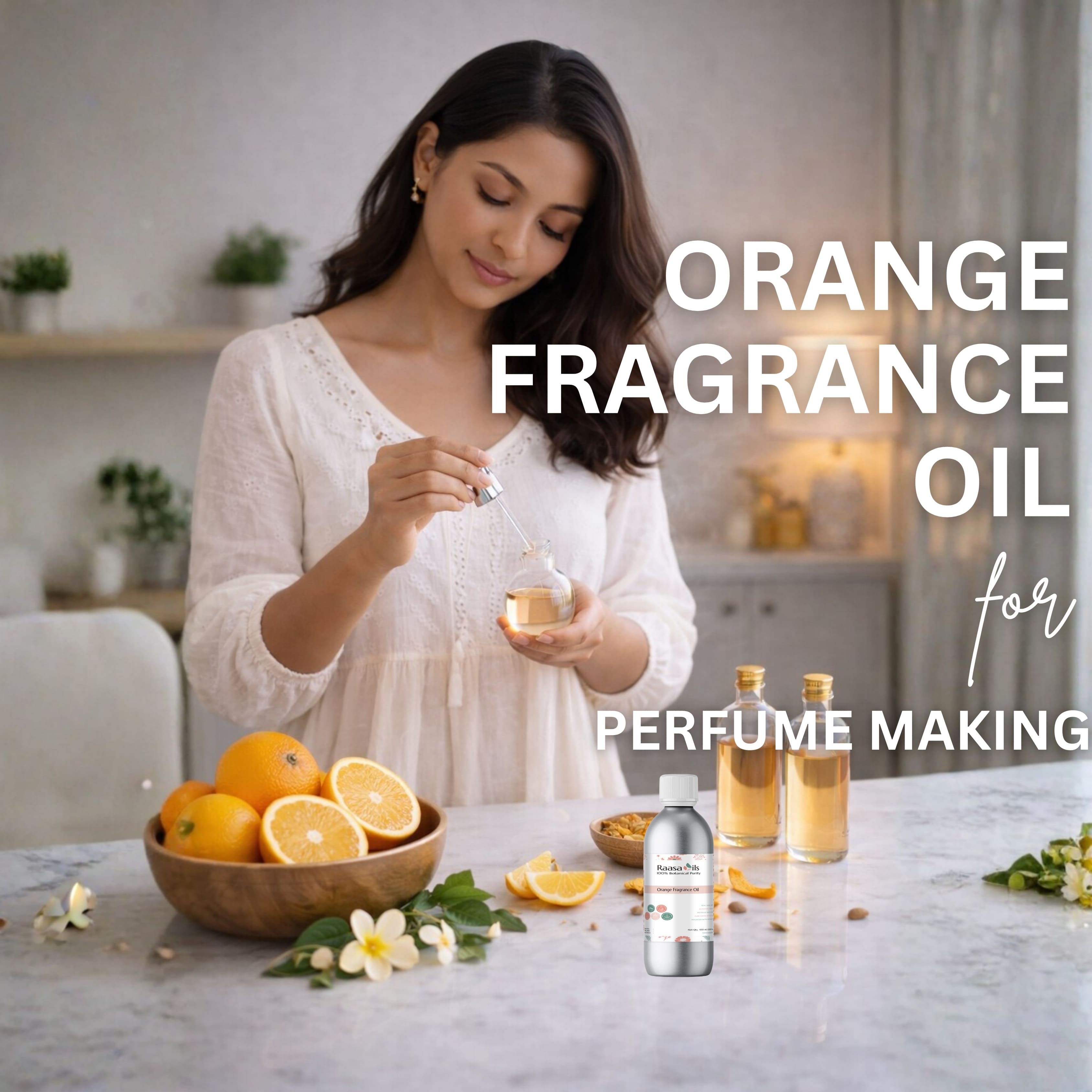 Woman with orange fragrance oil and ingredients on a table, with text 'Orange Fragrance Oil for Perfume Making'.