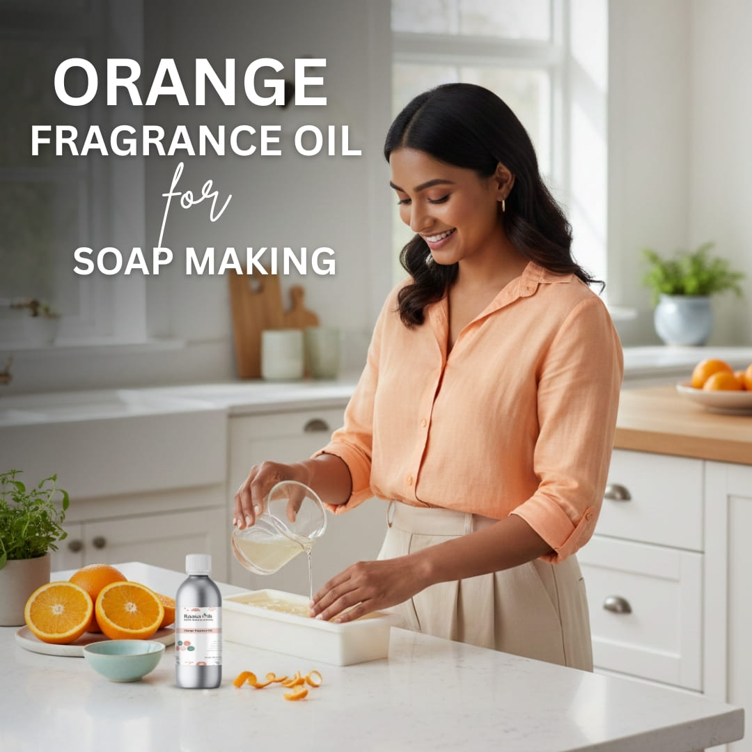 Woman in a kitchen pouring liquid into a bowl with text about orange fragrance oil for soap making.