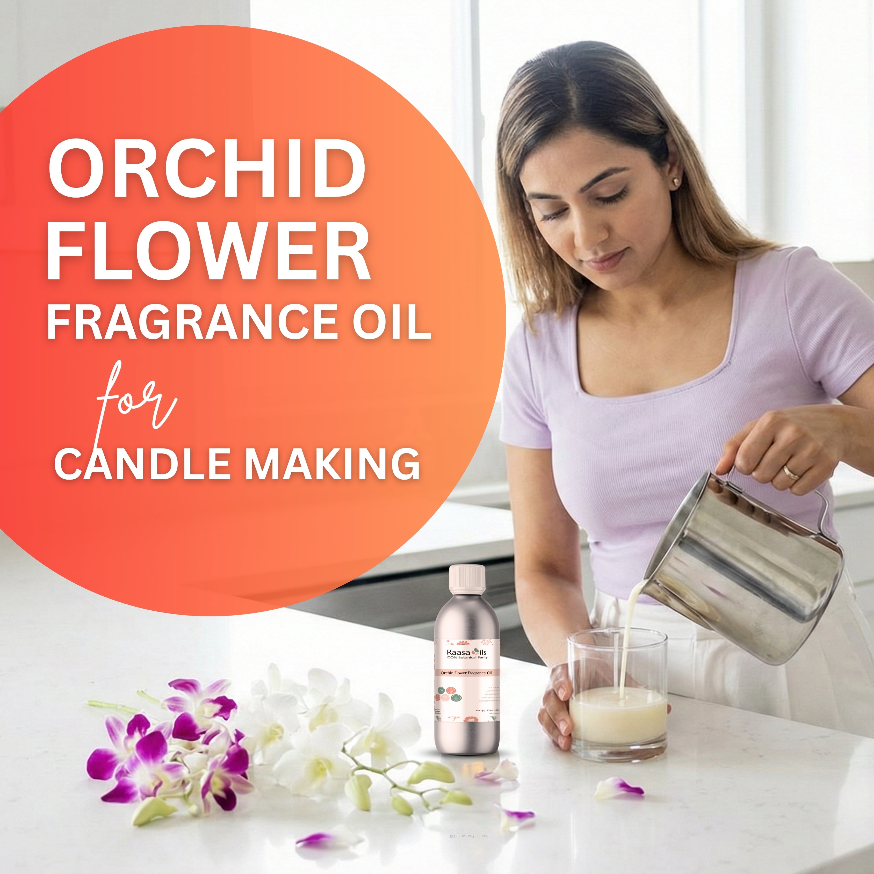 Woman pouring liquid into a glass with orchid flowers and fragrance oil bottle on a table.