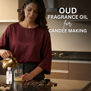 Woman pouring a liquid into a container with text about oud fragrance oil for candle making.