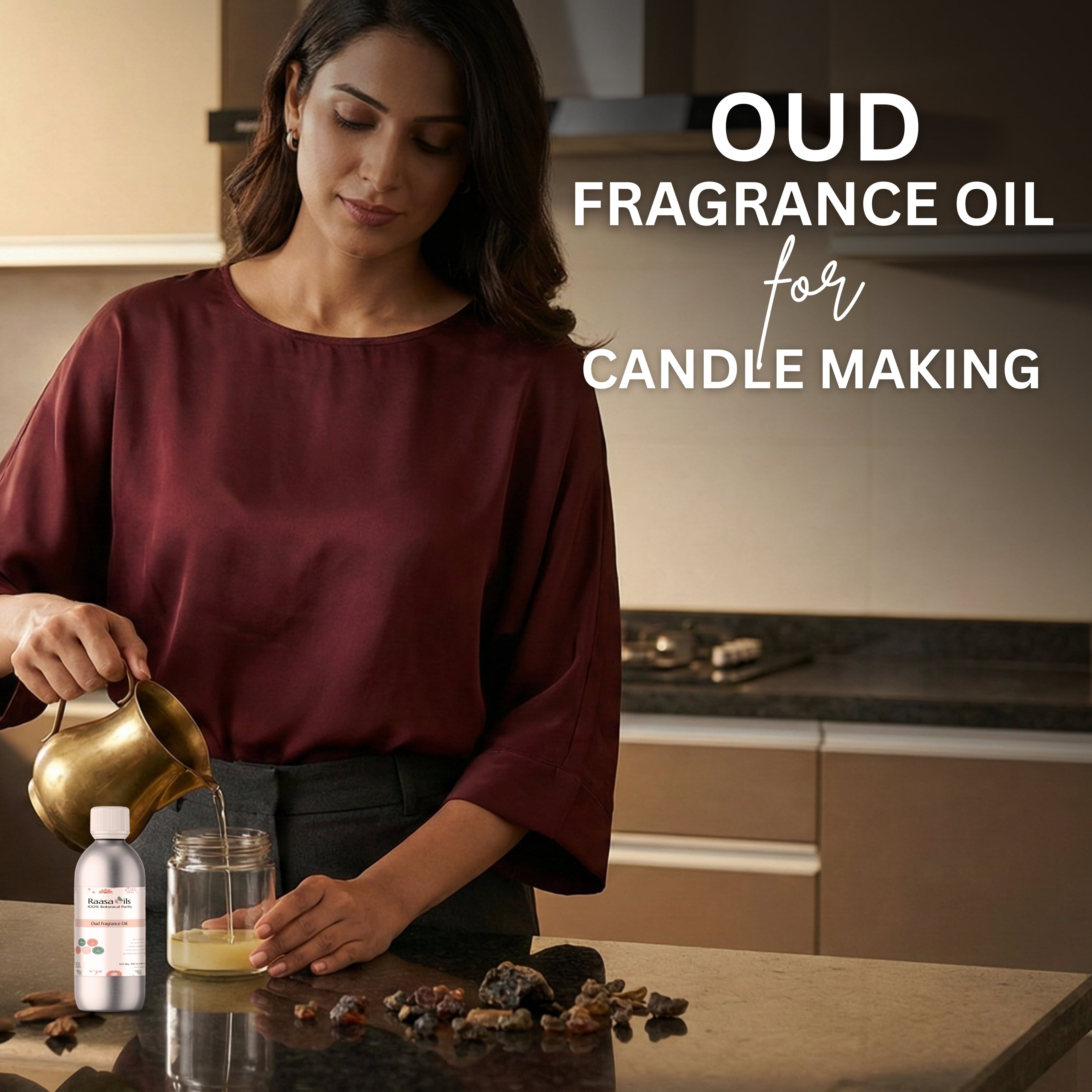 Woman pouring a liquid into a container with text about oud fragrance oil for candle making.